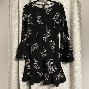 Black Bell Sleeve Floral Print Mini Dress